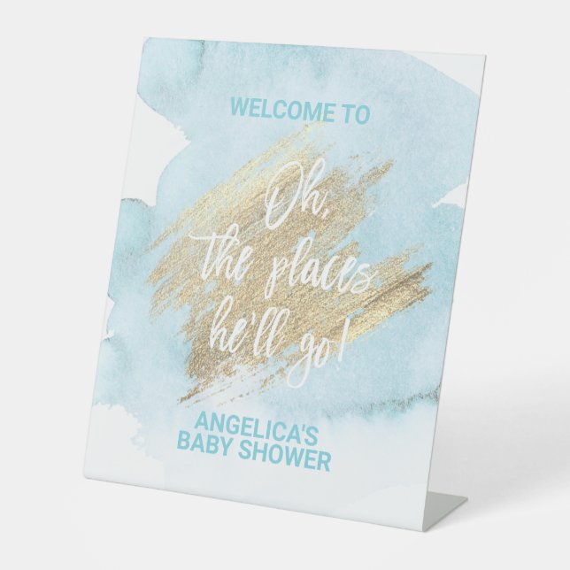 Baby Shower Blue Gold Watercolor BOY Pedestal Sign (Front)