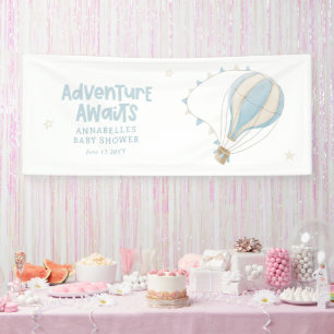 Baby shower blue hot air balloon adventure awaits banner