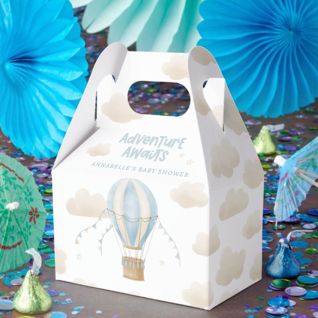 Baby shower blue hot air balloon adventure awaits favour box (Party)