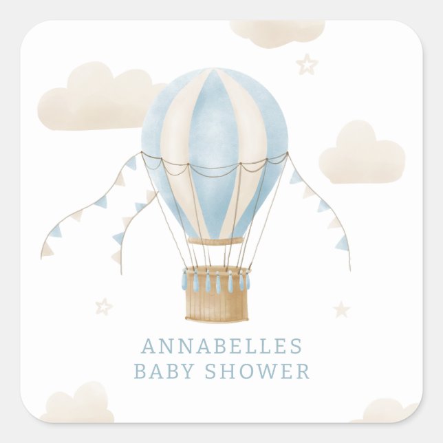 Baby shower blue hot air balloon adventure awaits square sticker (Front)