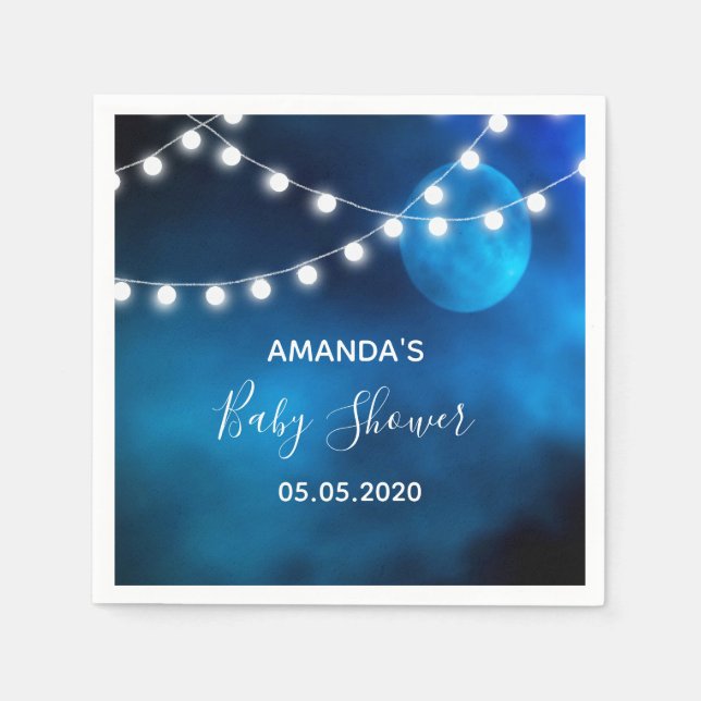 Baby shower blue moon light strings name napkin (Front)