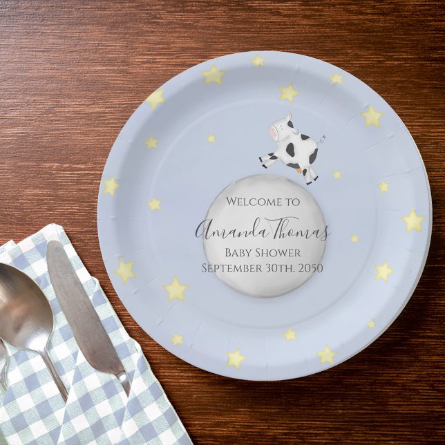 Baby Shower Blue Nursery Rhyme Custom  Paper Plate (Baby shower cow jumped over the moon custom paper plate.)