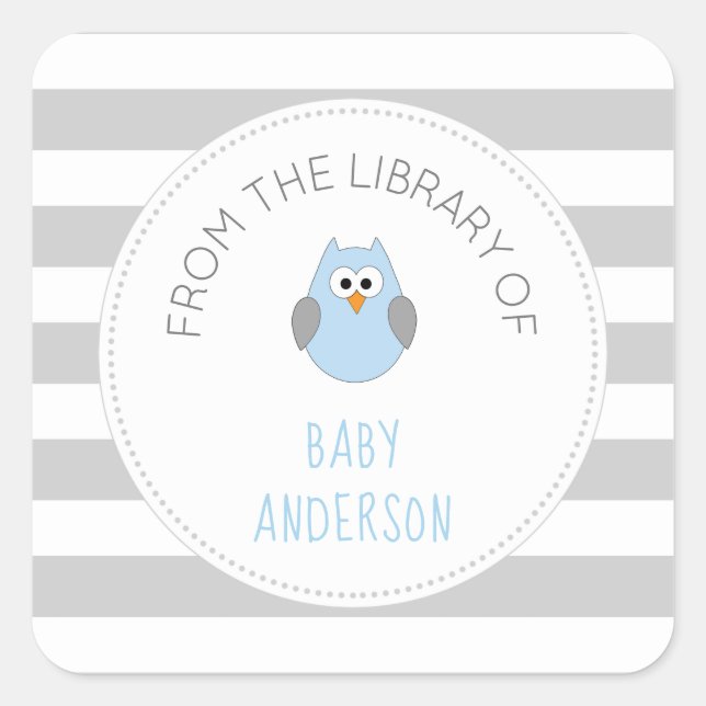 Baby Shower blue owl BOOK sticker, boy bookplate Square Sticker (Front)