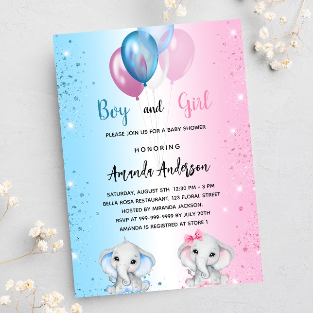Baby Shower blue pink boy girl elephants luxury Invitation (Creator Uploaded)