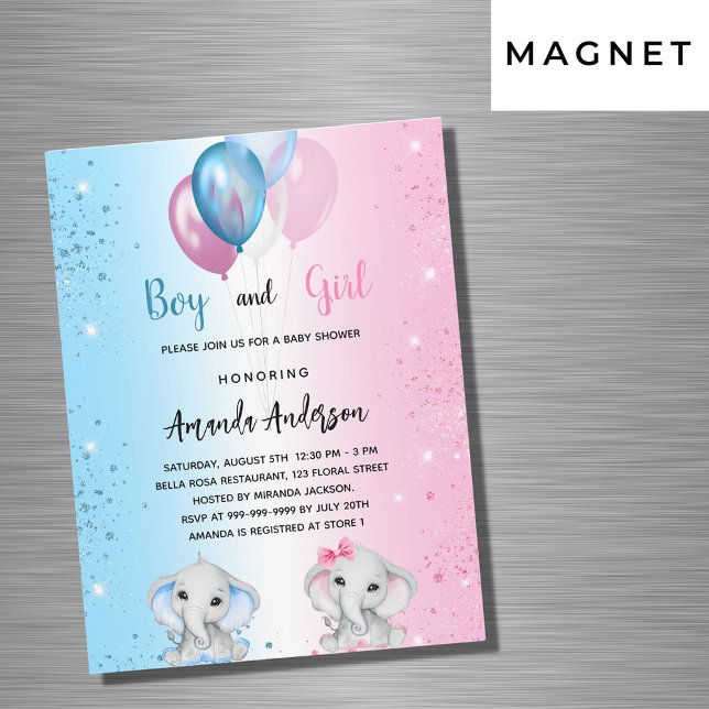 Baby Shower blue pink boy girl elephants luxury Magnetic Invitation (Creator Uploaded)