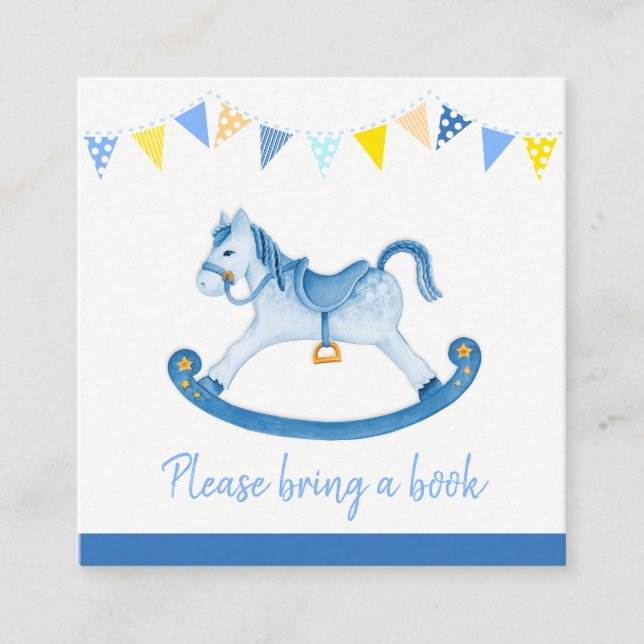 Baby shower blue rocking horse book request cards (Front)