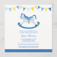 Baby shower blue rocking horse square invitations