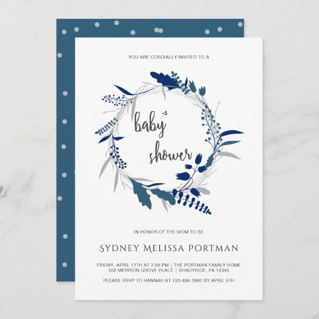 Baby Shower Blue Rustic Wreath Botanical Invitation (Front/Back)