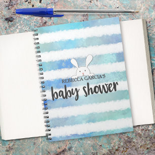 Baby Shower Blue Stripe White Bunny Rabbit Guest Notebook