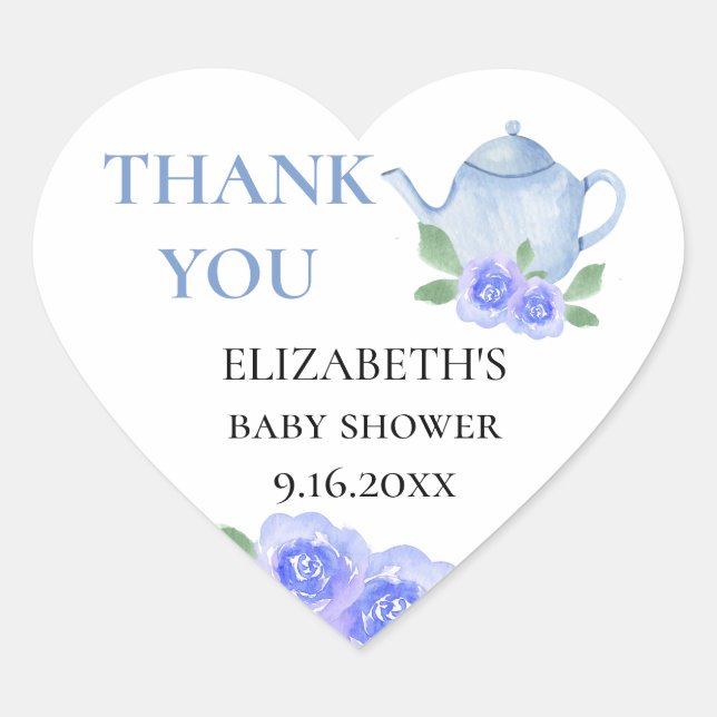 Baby Shower Blue Teapot Floral Tea Party Thank You Heart Sticker (Front)