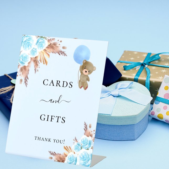 Baby shower blue teddy pampas grass cards gifts pedestal sign (Creator Uploaded)
