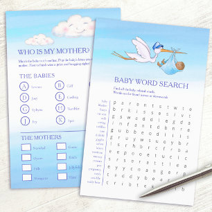 Baby shower blue word search baby match game  flyer