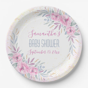 Baby Shower Blush Pink Flowers Watercolor Elegant Paper Plate