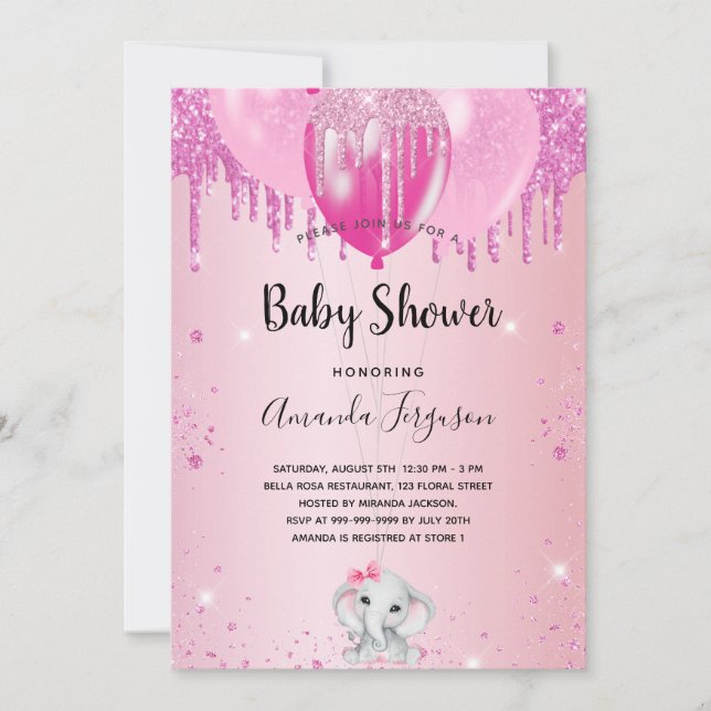 Baby Shower blush pink glitter balloon elephant Invitation (Front)