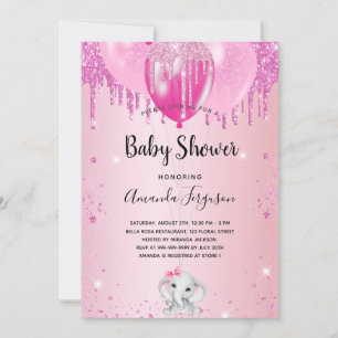 Baby Shower blush pink glitter balloon elephant Invitation