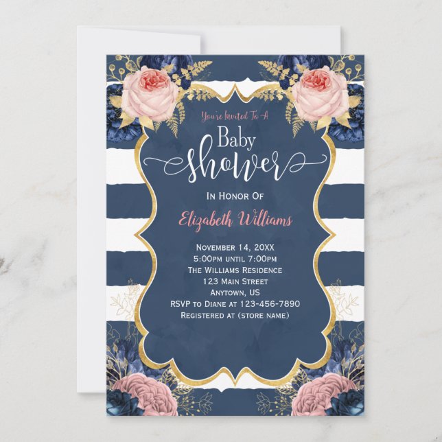 Baby Shower Blush Pink Navy Blue Floral Invitation (Front)