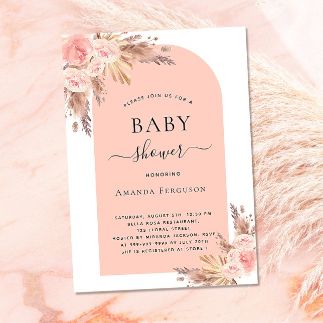 Baby shower blush pink pampas grass rose gold invitation (Creator Uploaded)
