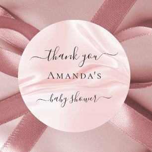 Baby Shower blush pink silk satin name thank you Classic Round Sticker