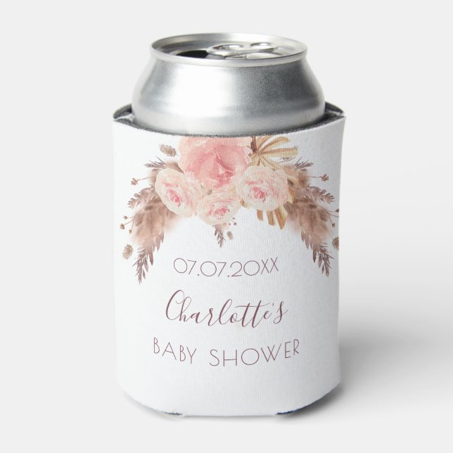 Baby shower blush rose floral pampas grass name can cooler (Can Front)