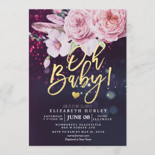 Baby Shower Boho Floral Feather Purple Bokeh Light Invitation