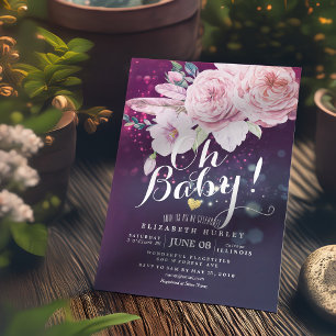Baby Shower Boho Floral Feather Purple Bokeh Light Invitation