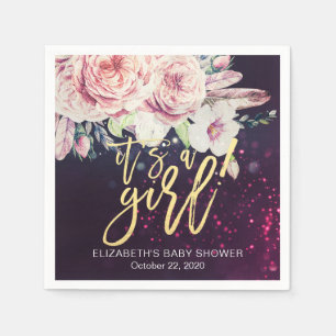 Baby Shower Boho Floral Feather Purple Bokeh Light Napkin