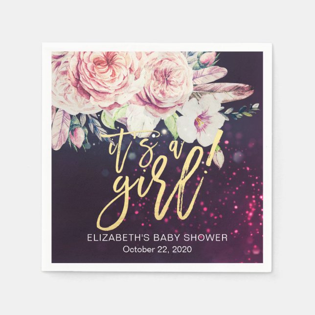 Baby Shower Boho Floral Feather Purple Bokeh Light Napkin (Front)