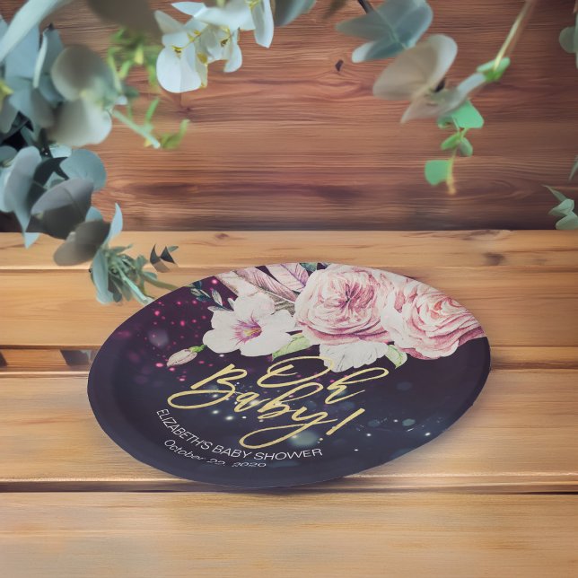 Baby Shower Boho Floral Feather Purple Bokeh Light Paper Plate (Creator Uploaded)