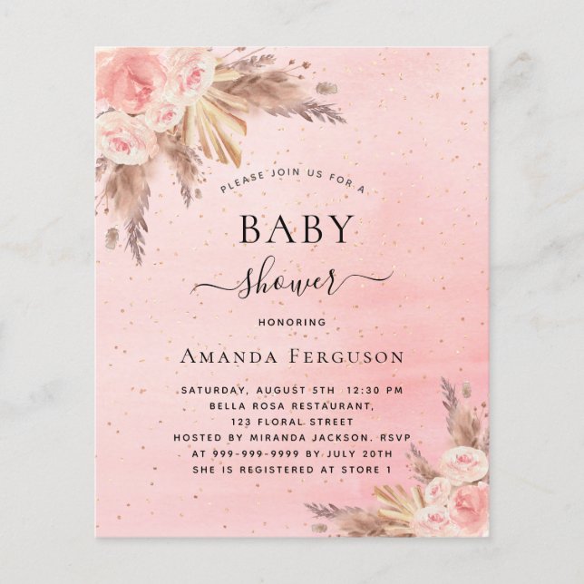 Baby shower boho pampas grass blush pink budget flyer (Front)