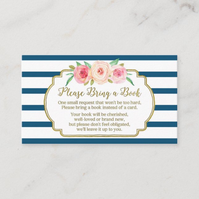 Baby Shower Book Request Card Pink Floral Navy (Front)