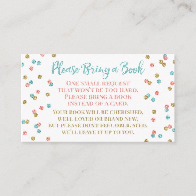 Baby Shower Book Request Teal Coral Gold Confetti Enclosure Card (Front)