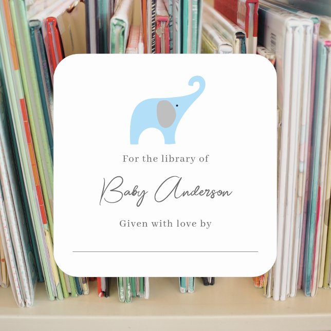 Baby shower bookplate blue elephant square sticker (Creator Uploaded)