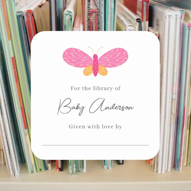 Baby shower bookplate pink butterfly square sticker (Creator Uploaded)