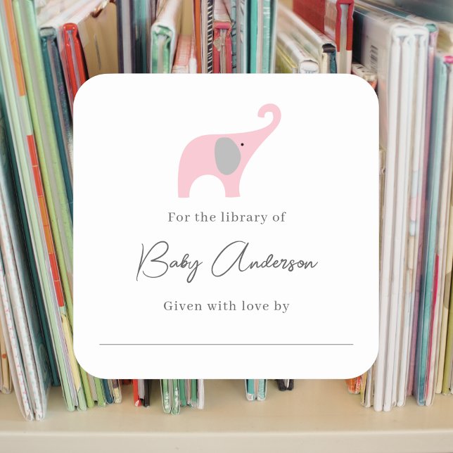 Baby shower bookplate pink elephant square sticker (Creator Uploaded)