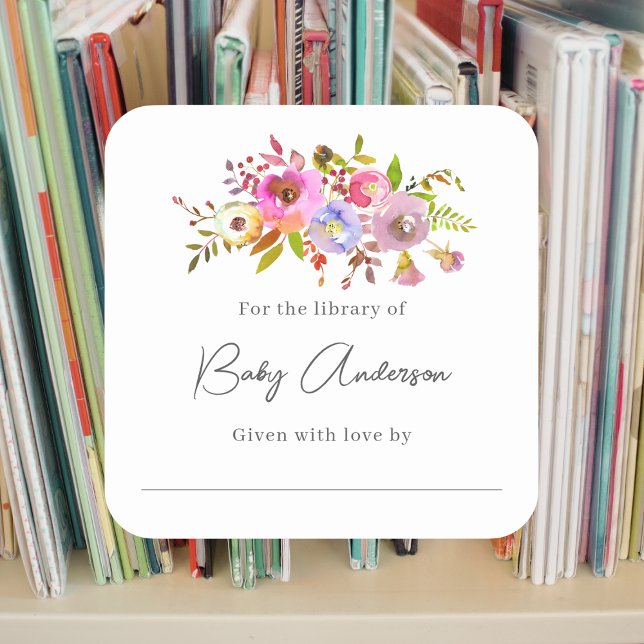 Baby shower bookplate pink watercolor floral square sticker (Creator Uploaded)