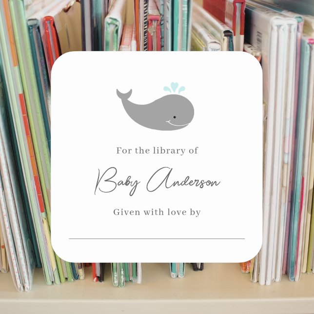 Baby shower bookplate whale square sticker (Creator Uploaded)