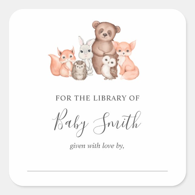 Baby Shower Bookplate Woodland Animal Sticker (Front)