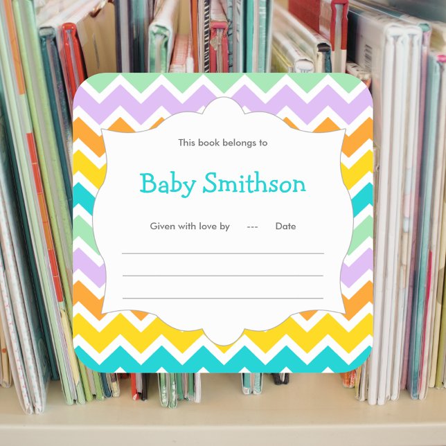 Baby shower bookplates neutral gender chevron square sticker (Creator Uploaded)