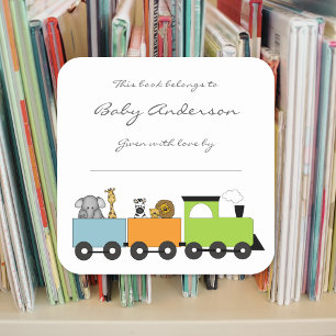 Baby Shower bookplates / safari animal train Square Sticker
