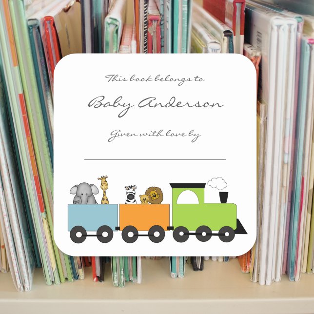 Baby Shower bookplates / safari animal train Square Sticker (Creator Uploaded)