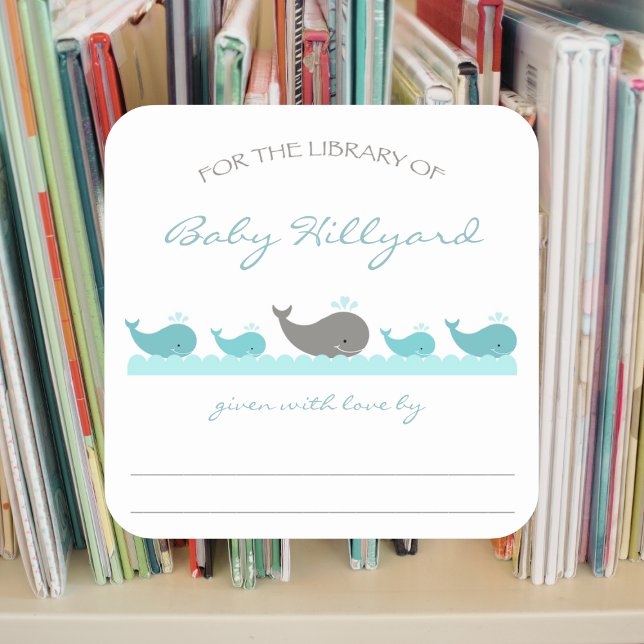 Baby Shower bookplates / turquoise grey whales Square Sticker (Creator Uploaded)
