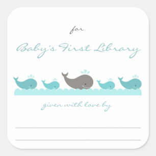 Baby Shower bookplates / turquoise whales Square Sticker