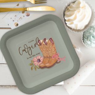 Baby Shower Boots Western Cowgirl Boho Flowers Paper Plate