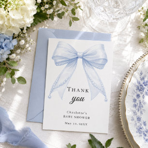 Baby Shower bow blue pearls elegant Thank You Card