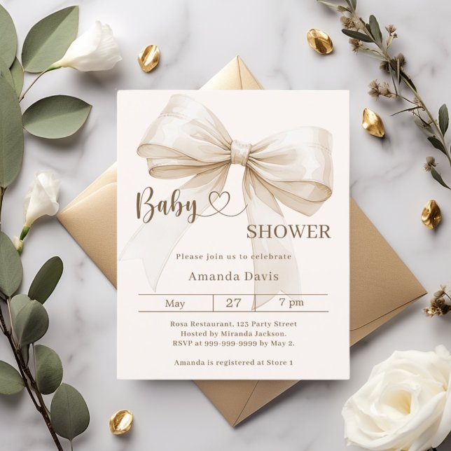 Baby Shower Bow gender neutral beige invitation (Creator Uploaded)