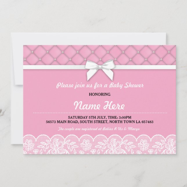 Baby Shower Bow Lace Pearls GirI Pink Twins Invite (Front)