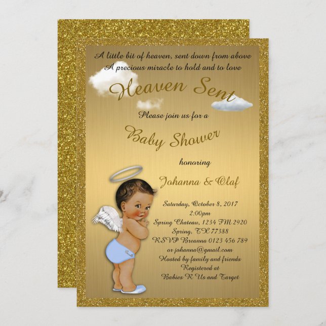 Baby Shower Boy, Baby Angel, glitter, Gold Invitation (Front/Back)