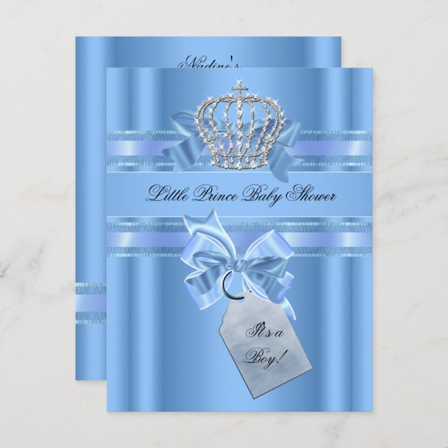 Baby Shower Boy Baby Blue Little Prince Crown Bow Invitation (Front/Back)