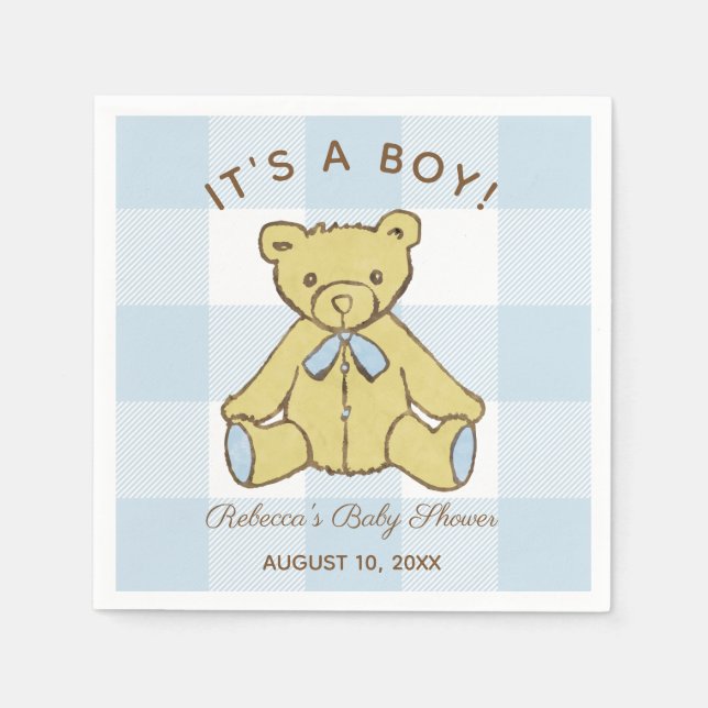Baby Shower Boy Bear with Name and Date Napkin (Front)