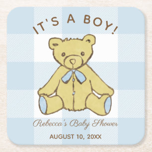 Baby Shower Boy Bear with Name and Date Square Paper Coaster